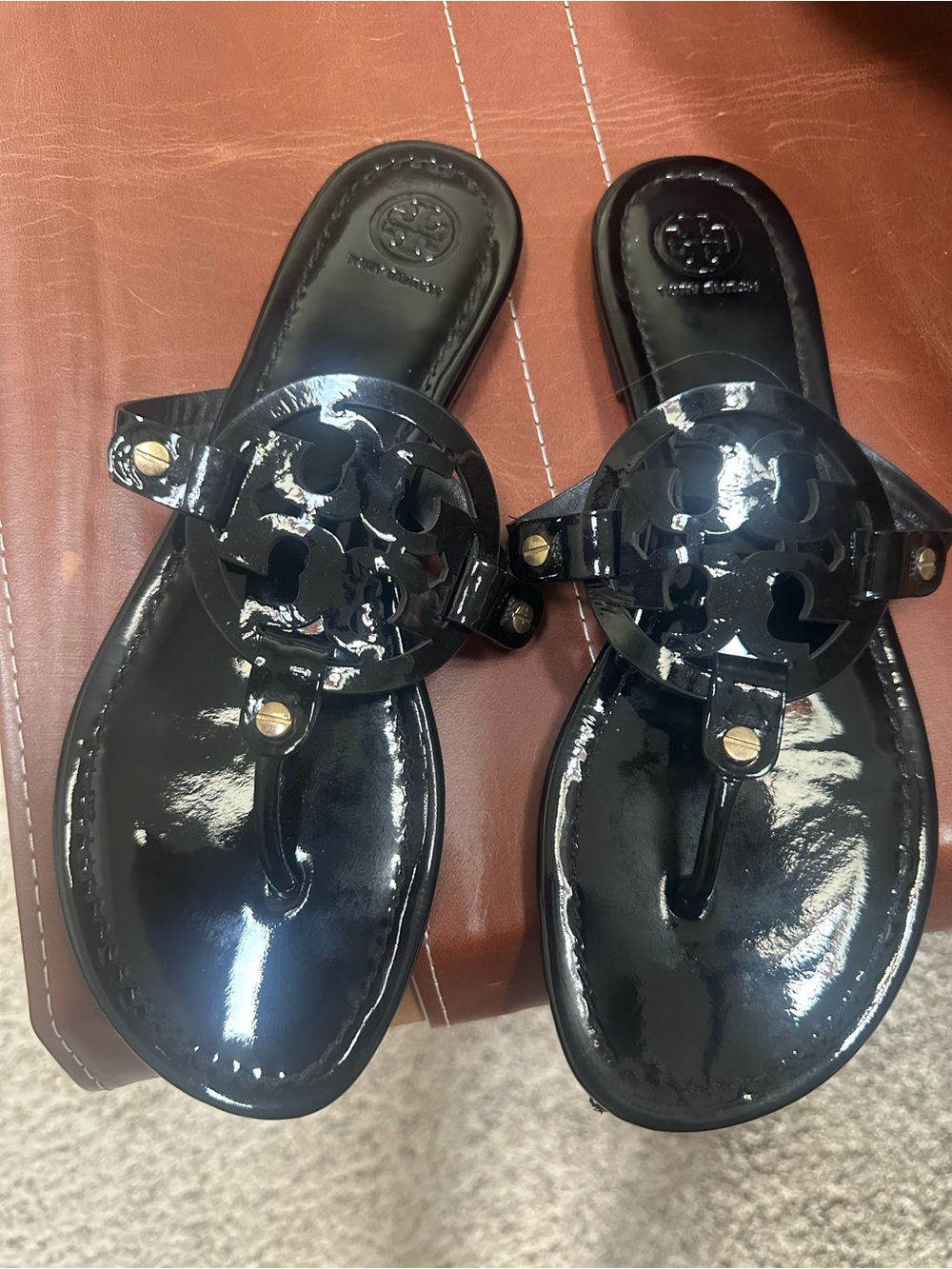 Tory Burch Black Patent Logo Thong Sandals with Gold Studs